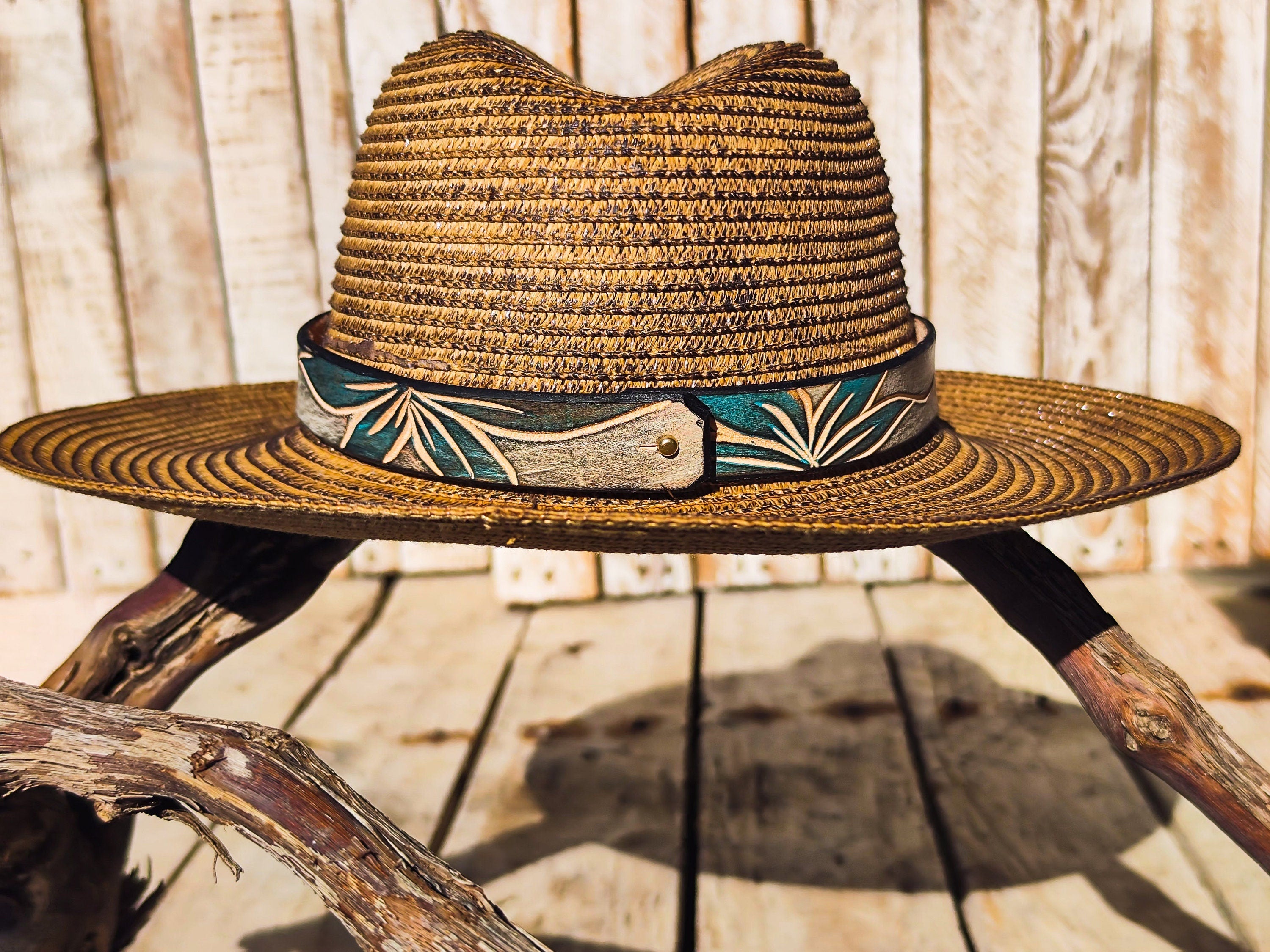 Handcrafted Boho Straw Hat with Turquoise Flower Vintage Leather Band - Unique Design