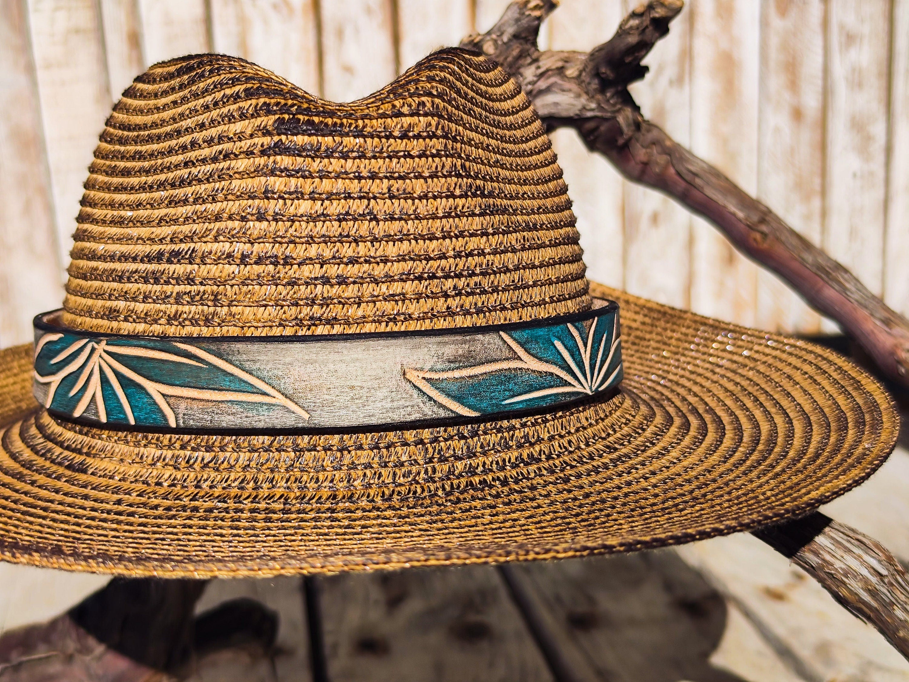 Handcrafted Boho Straw Hat with Turquoise Flower Vintage Leather Band - Unique Design