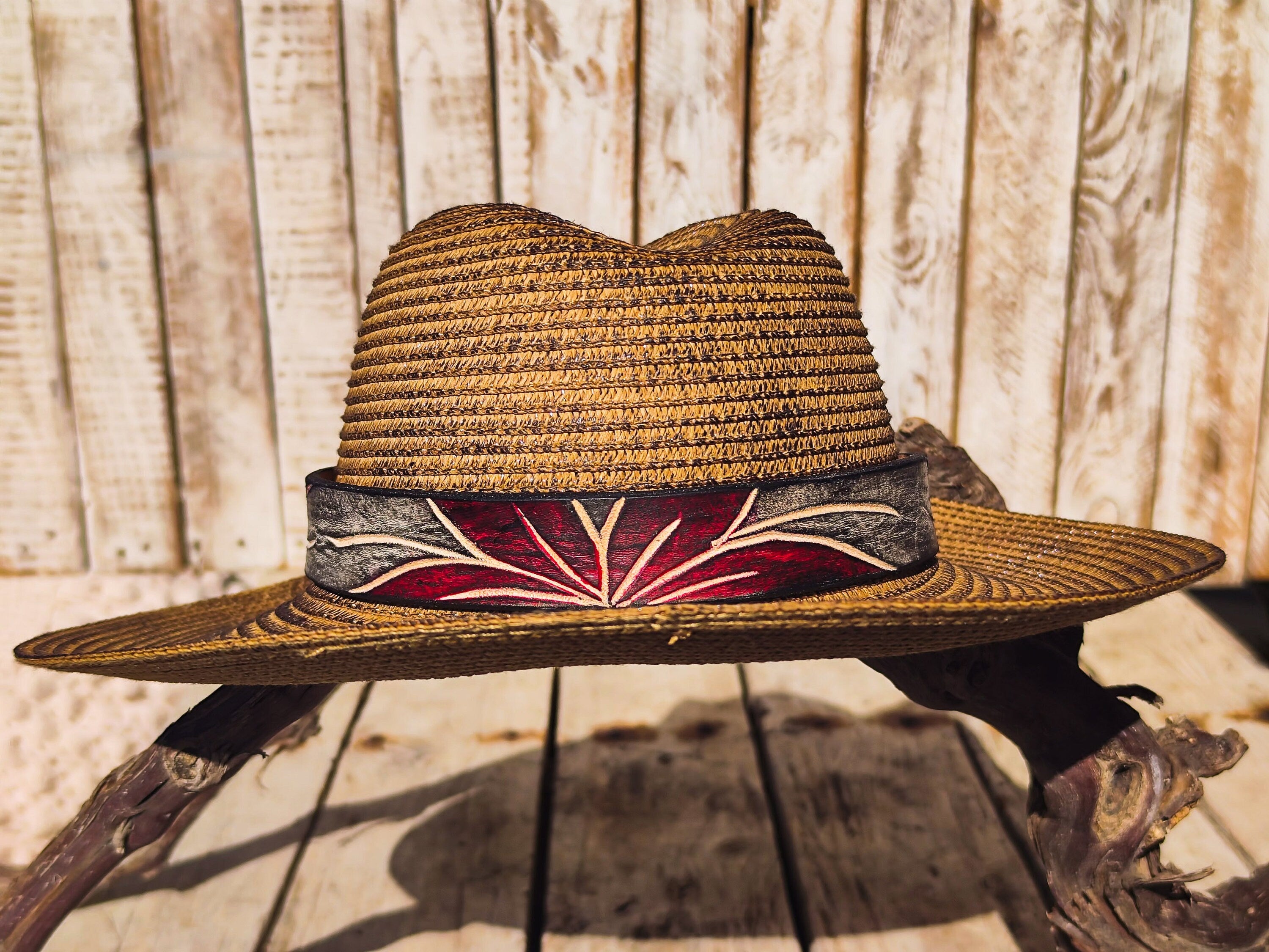 Handcrafted Boho-Chic Straw Hat with Red Flower Brown Leather Band Unique Design
