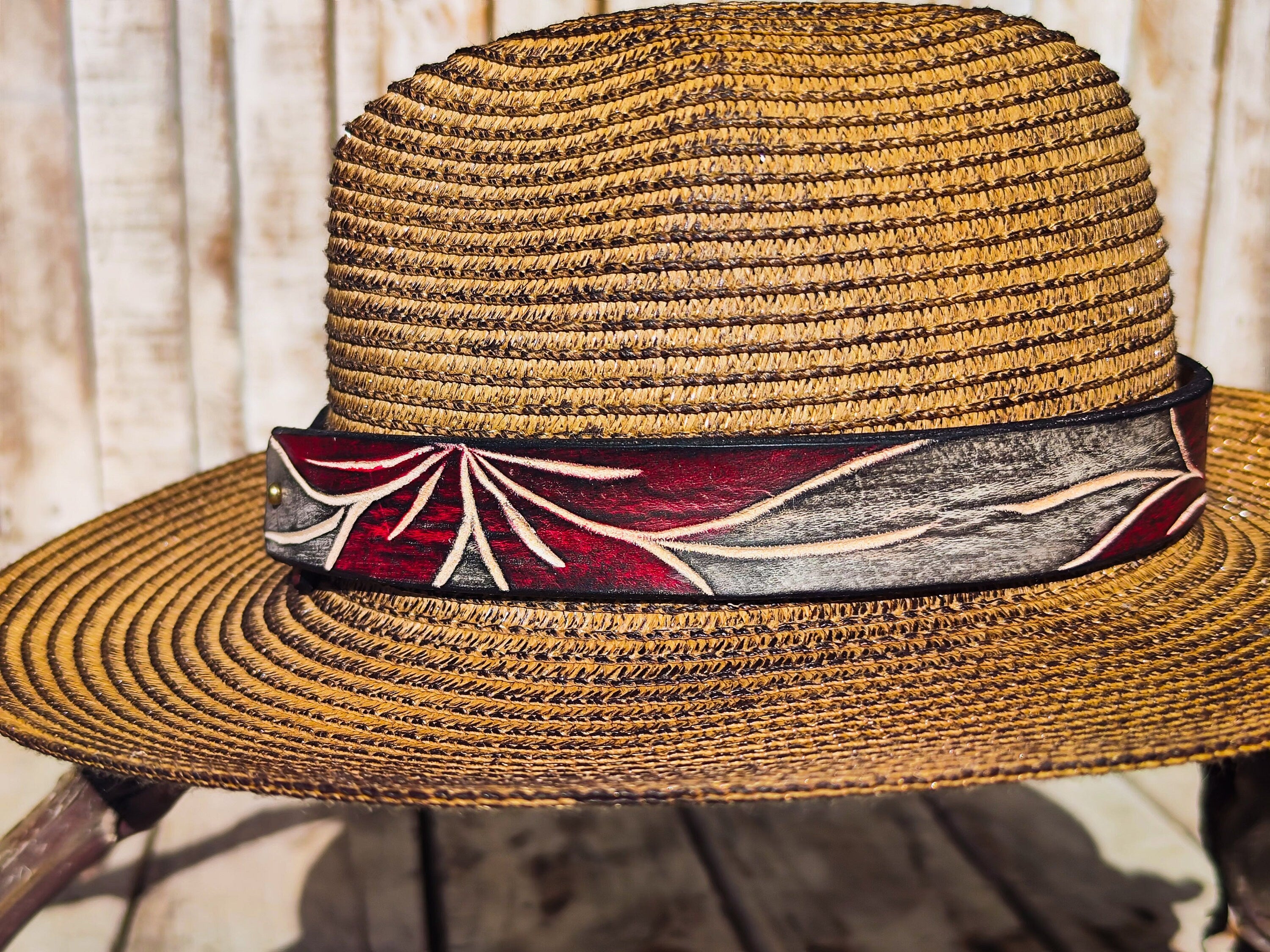 Handcrafted Boho-Chic Straw Hat with Red Flower Brown Leather Band Unique Design