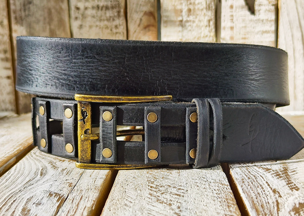Artisan Leather Mens Belt - Black Riveted Studded Unique Quality Design