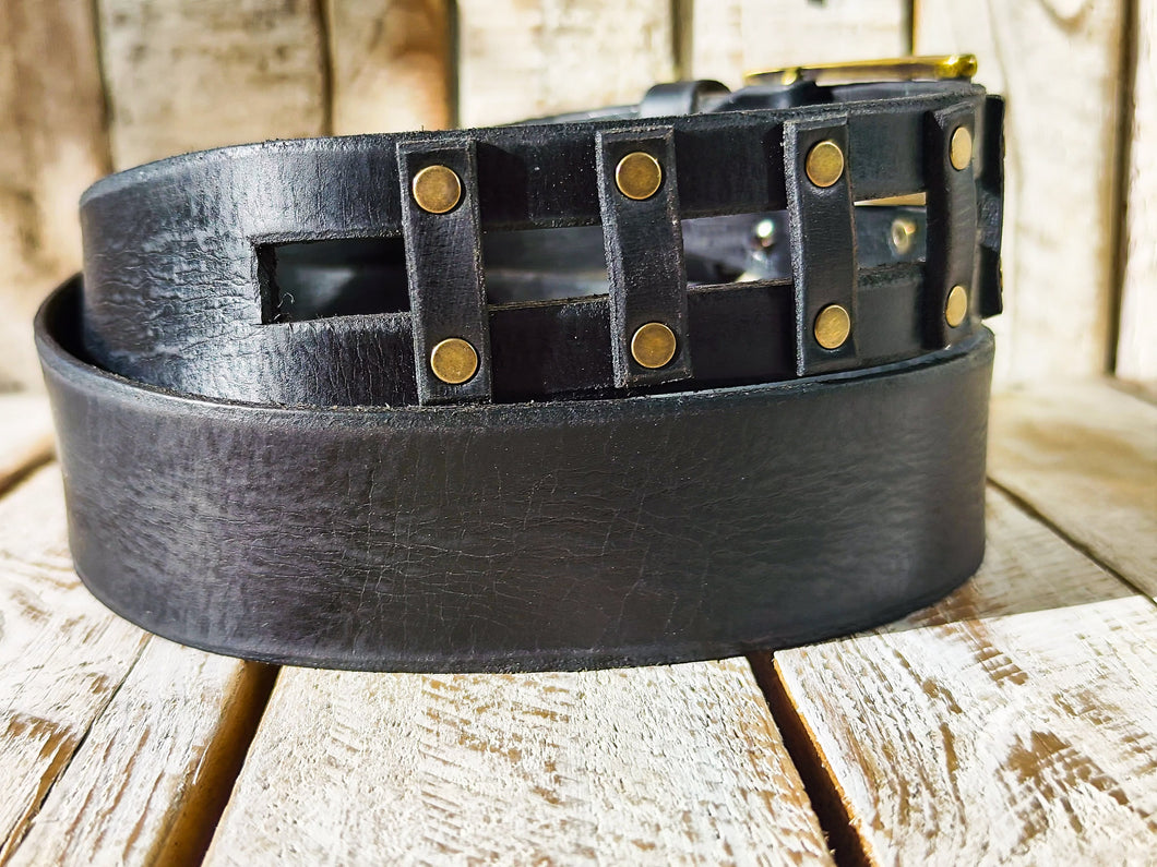 Artisan Leather Mens Belt - Black Riveted Studded Unique Quality Design