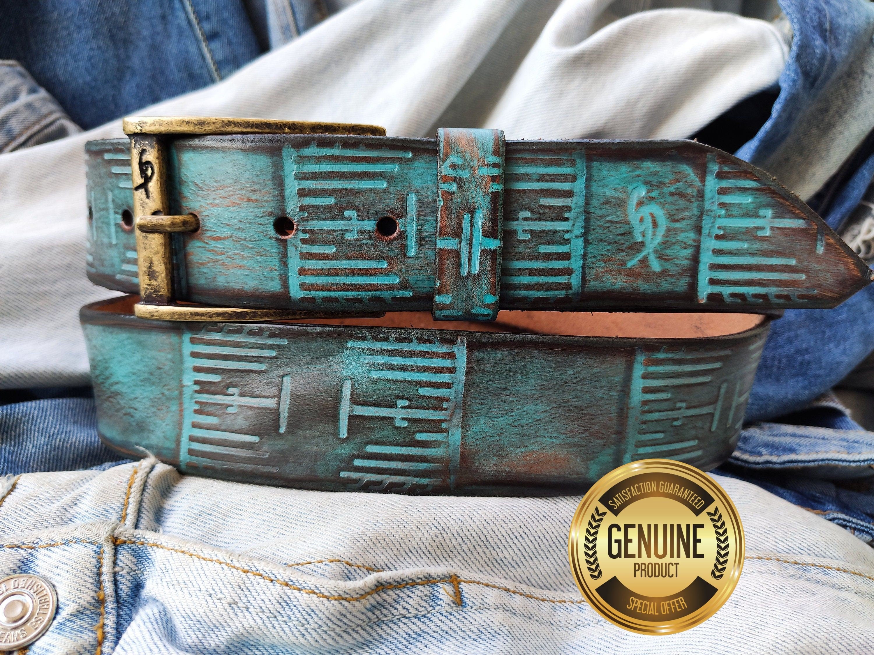 Handmade Turquoise Brown Leather Belt - Personalized and Unique Gift for Him