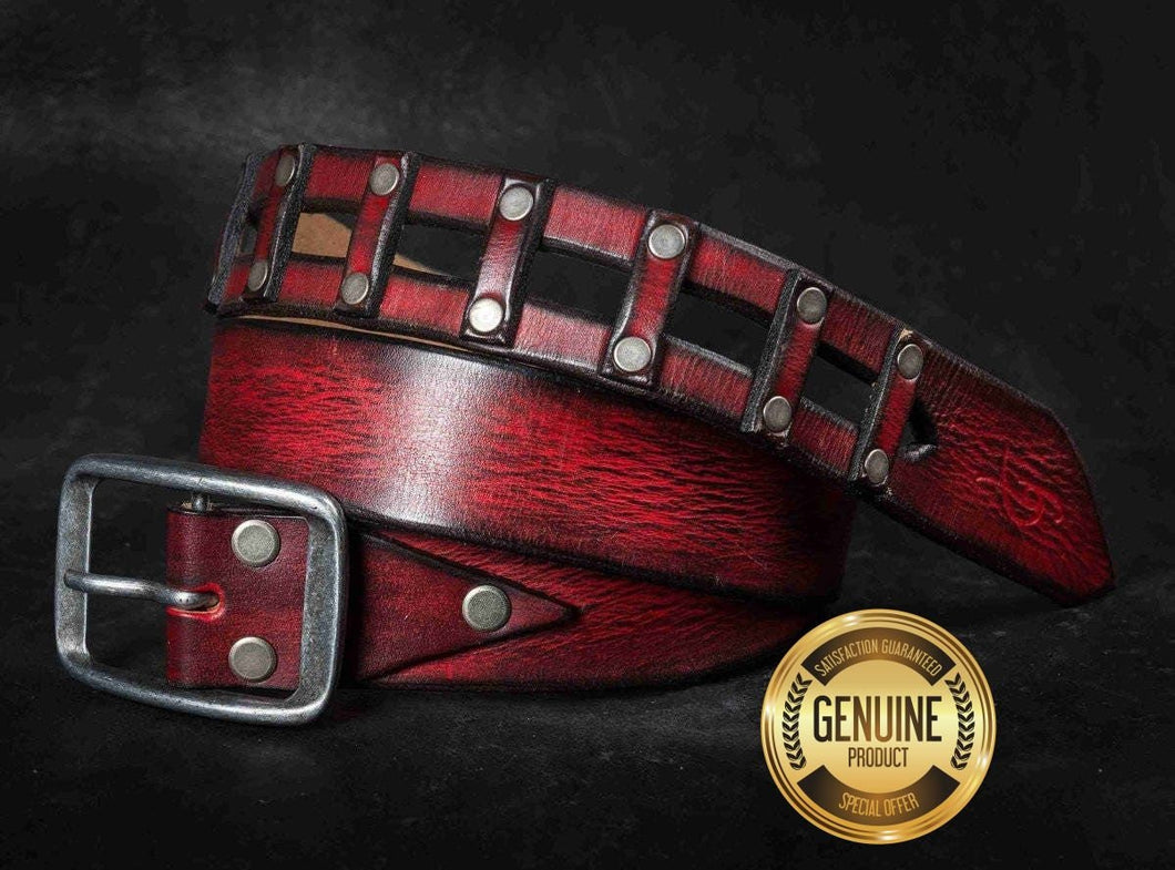 Red Leather Belt - Unisex Buckle Belt for Men and Women - Unique Accessory Gift