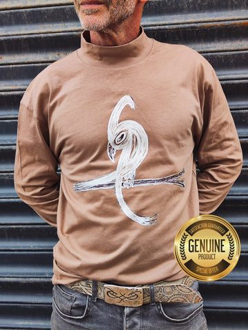 Light brown Long Sleeve Tee - Original Print by ISHAOR 100% Cotton ,Half-Turtle Neck Tee. stylish shirt to wear with jeans with ishaor bird