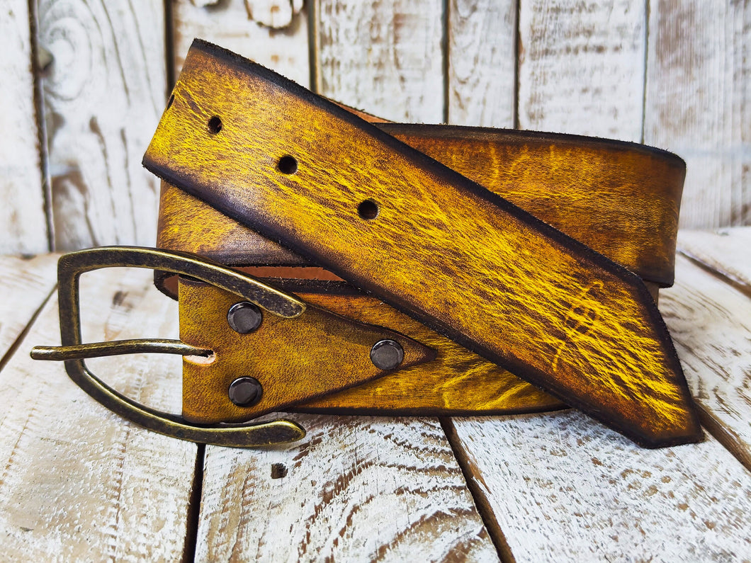 Handmade Distressed Leather Belt with Bronze Buckle - Perfect for Jeans YellowBrown 42 cm