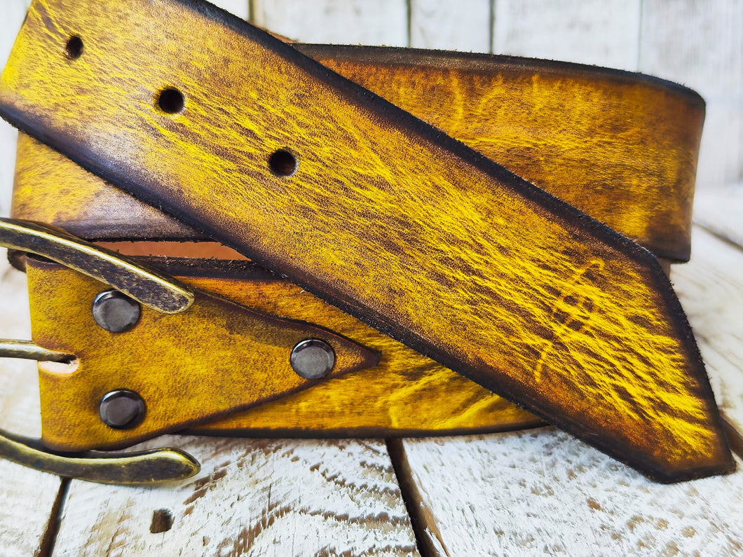 Handmade Distressed Leather Belt with Bronze Buckle - Perfect for Jeans YellowBrown 42 cm
