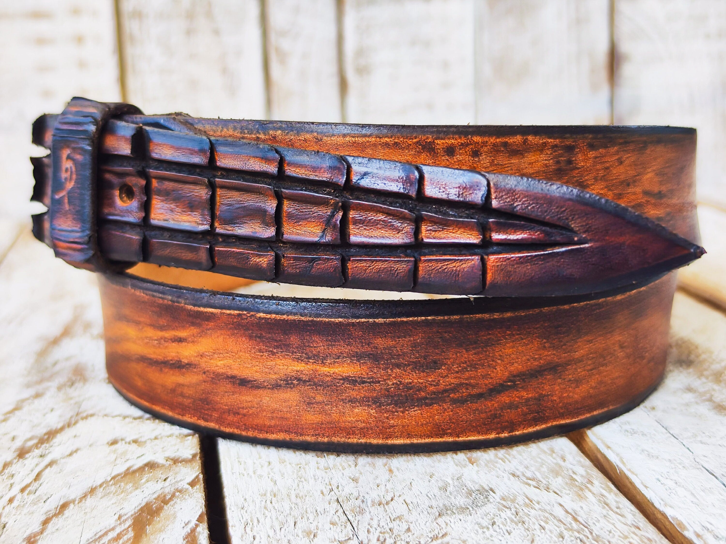 Handmade Brown Leather Belt with Crocodile Tail Shape & Texture | Unique 3.2cm Crocodile-Inspired Artisan Belt