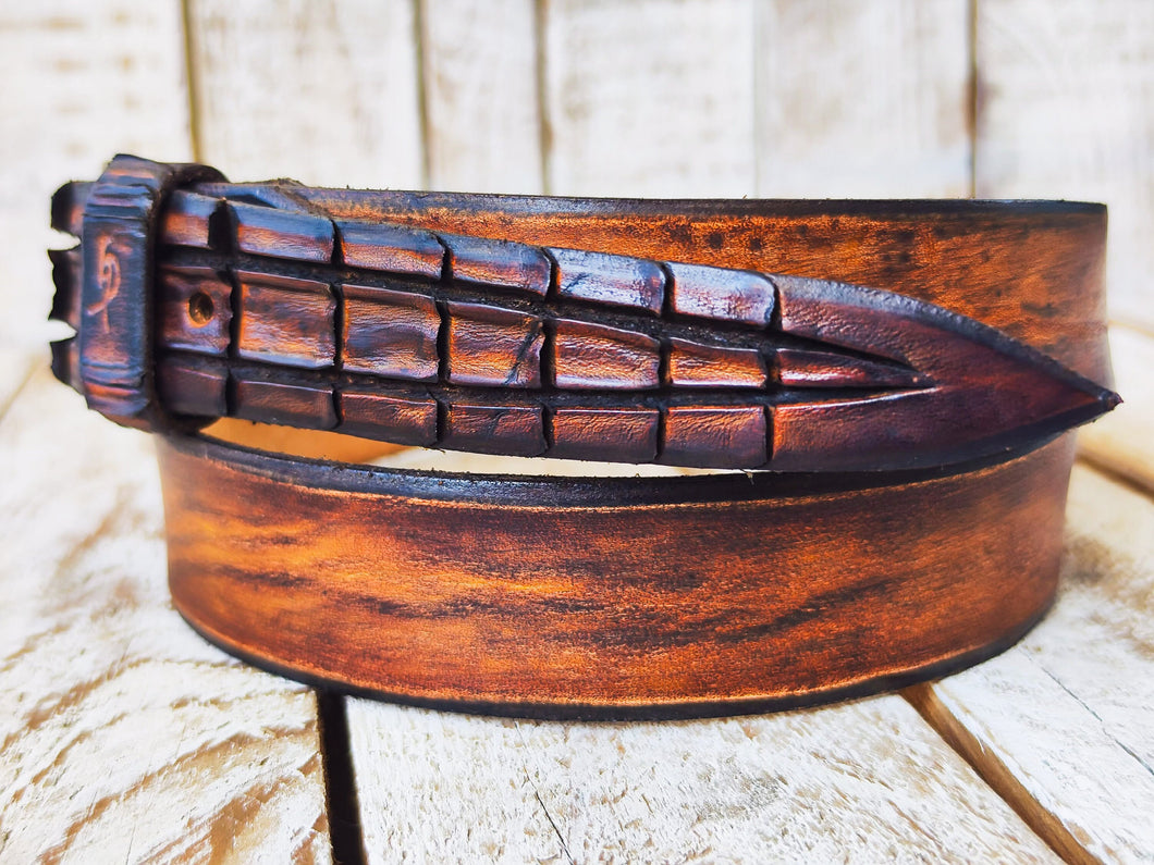 Handmade Brown Leather Belt with Crocodile Tail Shape & Texture | Unique 3.2cm Crocodile-Inspired Artisan Belt