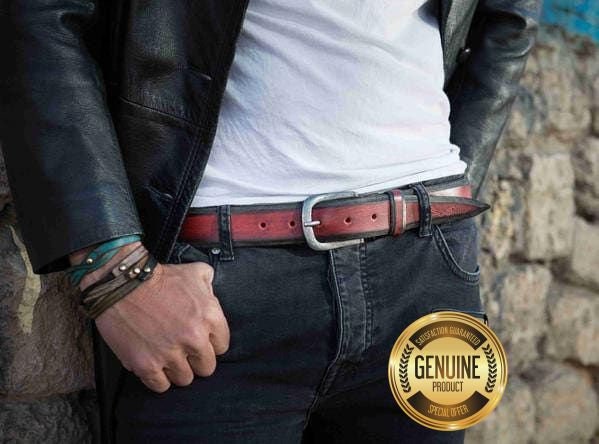 Mens Red Leather Belt - Unisex Vintage Style Accessory for Father or Him