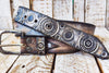 Handmade Leather Motorcycle Belt Rugged White Vintage Brown Wash with Gear Stamps Studs