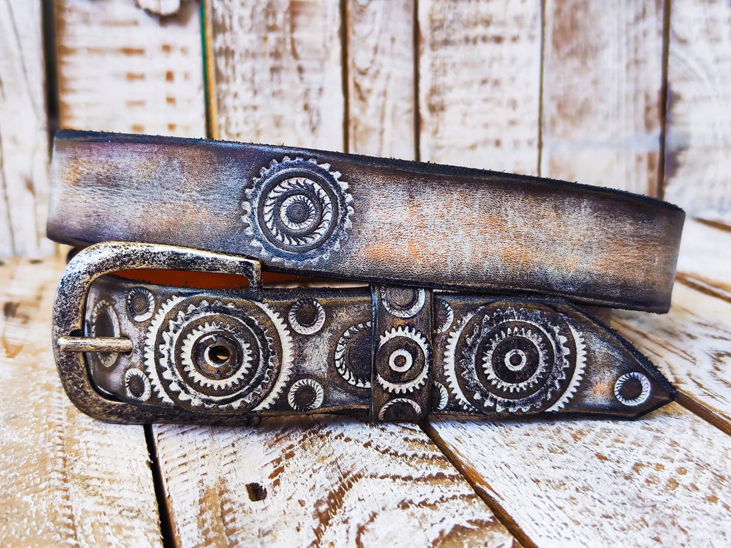 Handmade Leather Motorcycle Belt Rugged White Vintage Brown Wash with Gear Stamps Studs