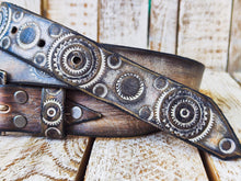Handmade Leather Motorcycle Belt  Rugged White  Vintage Brown Wash with Gear Stamps Studs