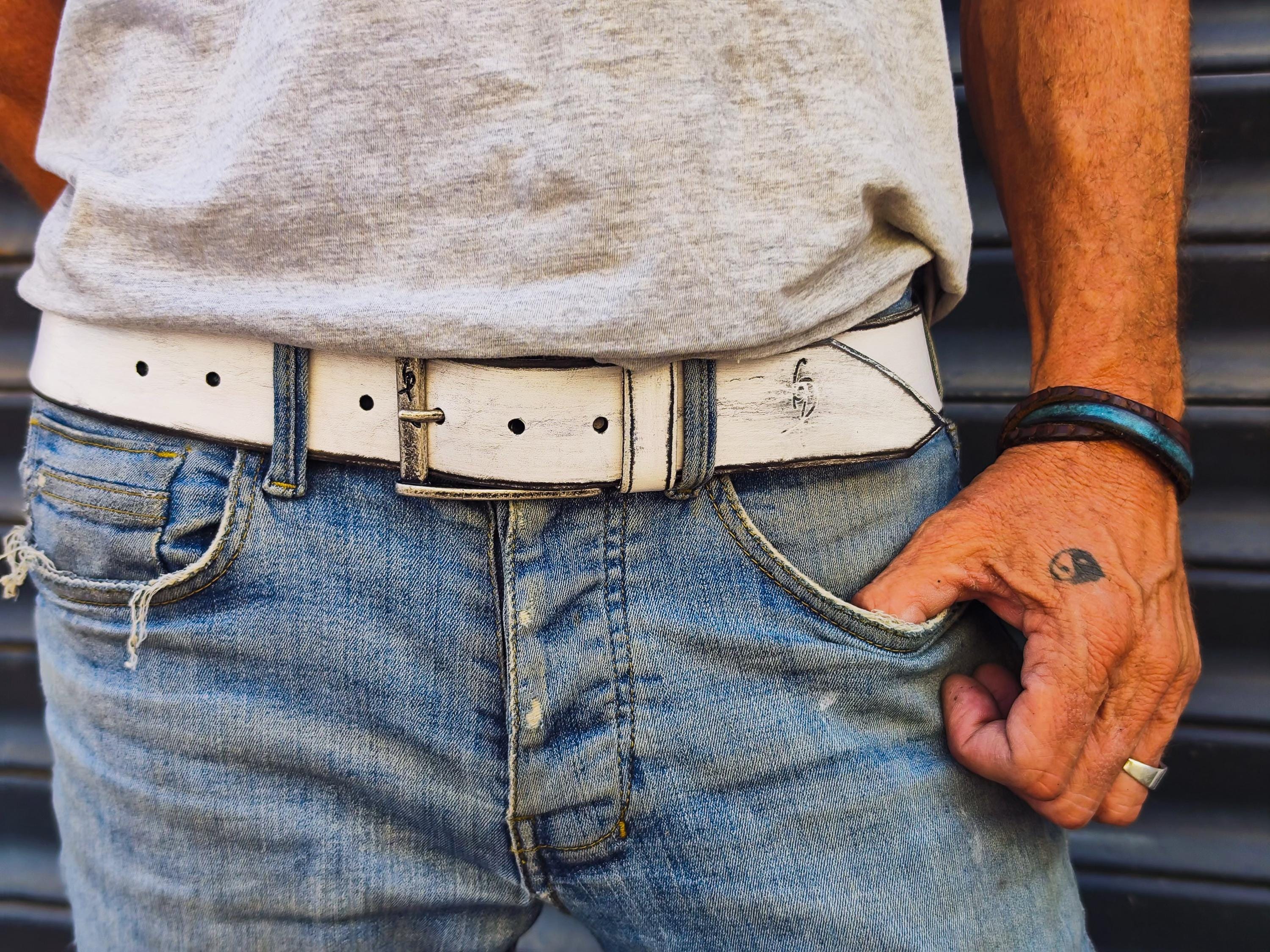 Vintage White Leather Belt - Custom Mens Accessories for Christmas - Stylish Durable - Perfect Belt Gift for Him