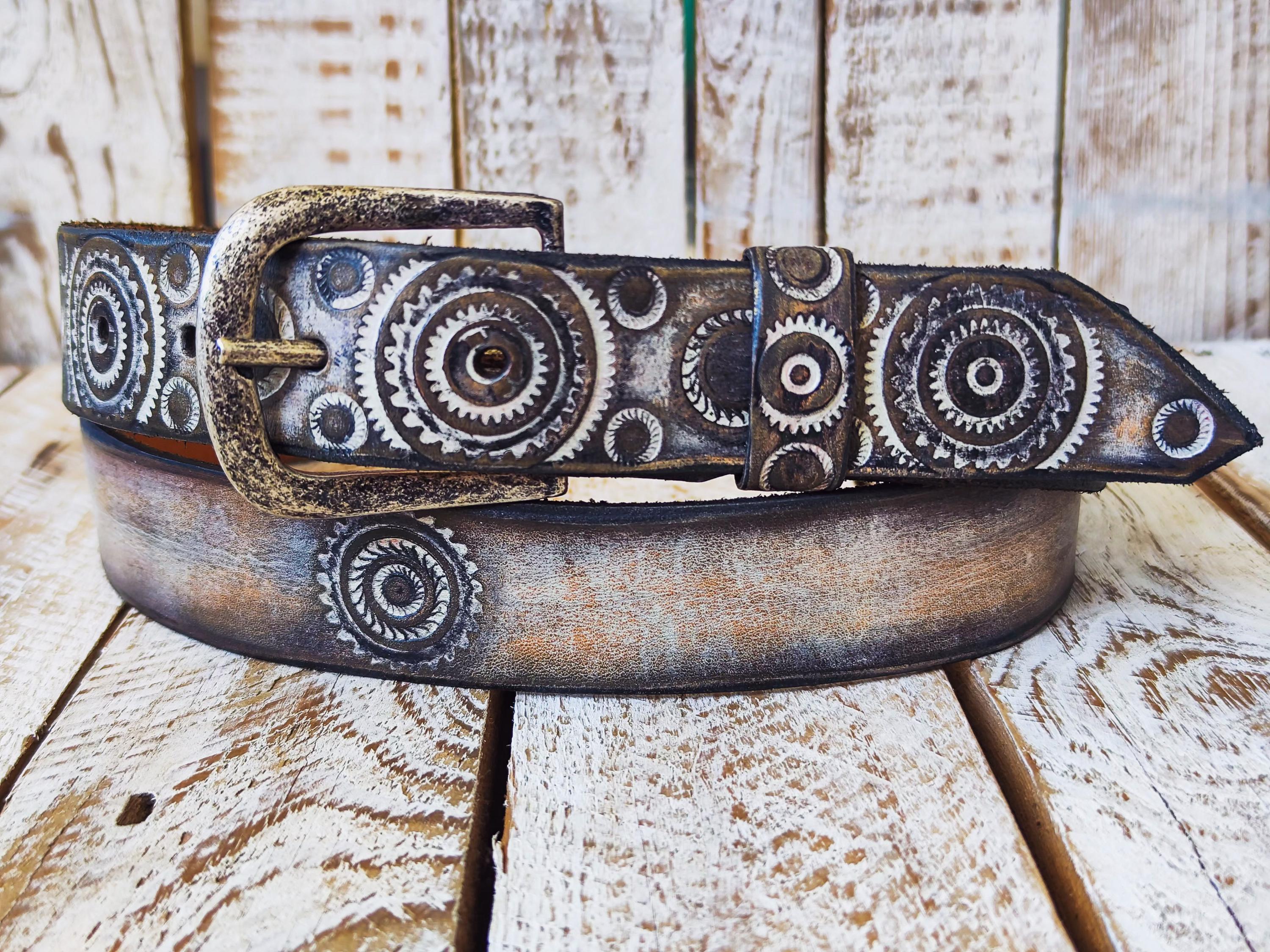 Handmade Leather Motorcycle Belt Rugged White Vintage Brown Wash with Gear Stamps Studs
