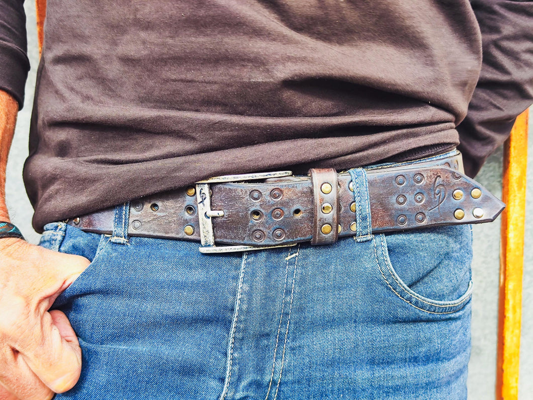Handmade Brown Leather Belt with Blue Wash, Hi-Fi Stamped Design, Heavy-Duty Punk Rock Style