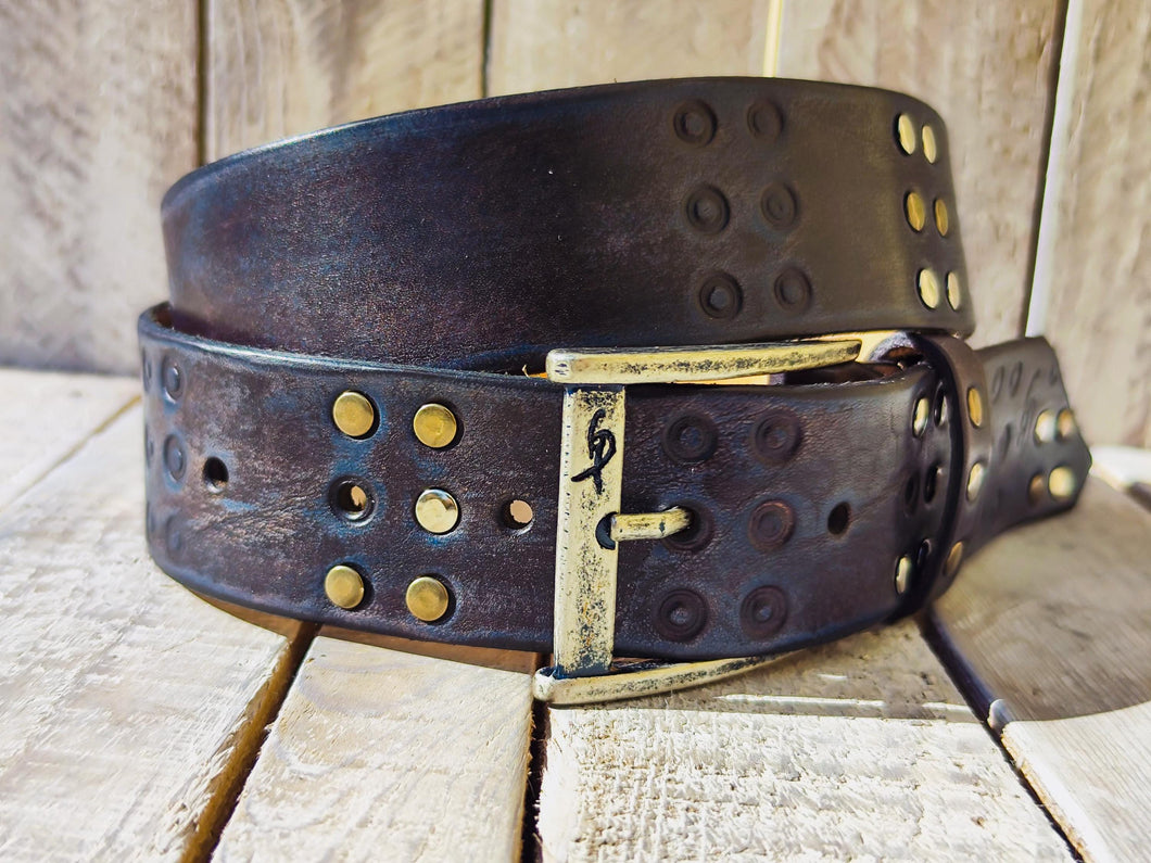 Handmade Brown Leather Belt with Blue Wash, Hi-Fi Stamped Design, Heavy-Duty Punk Rock Style