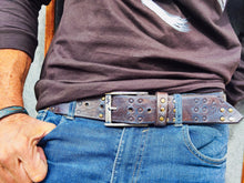 Handmade Brown Leather Belt with Blue Wash, Hi-Fi Stamped Design, Heavy-Duty Punk Rock Style