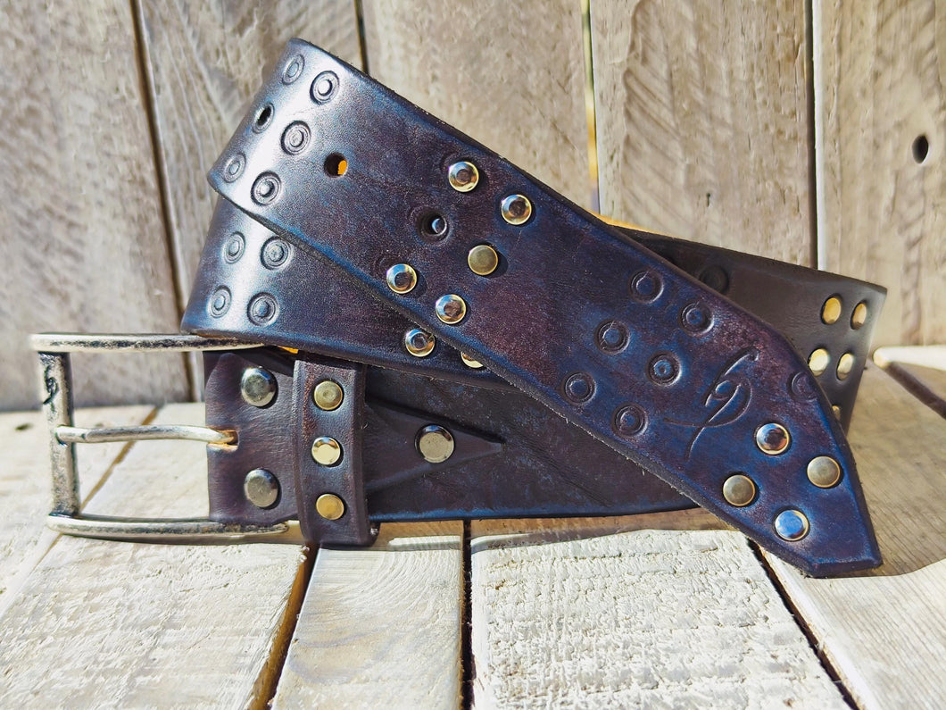 Handmade Brown Leather Belt with Blue Wash, Hi-Fi Stamped Design, Heavy-Duty Punk Rock Style