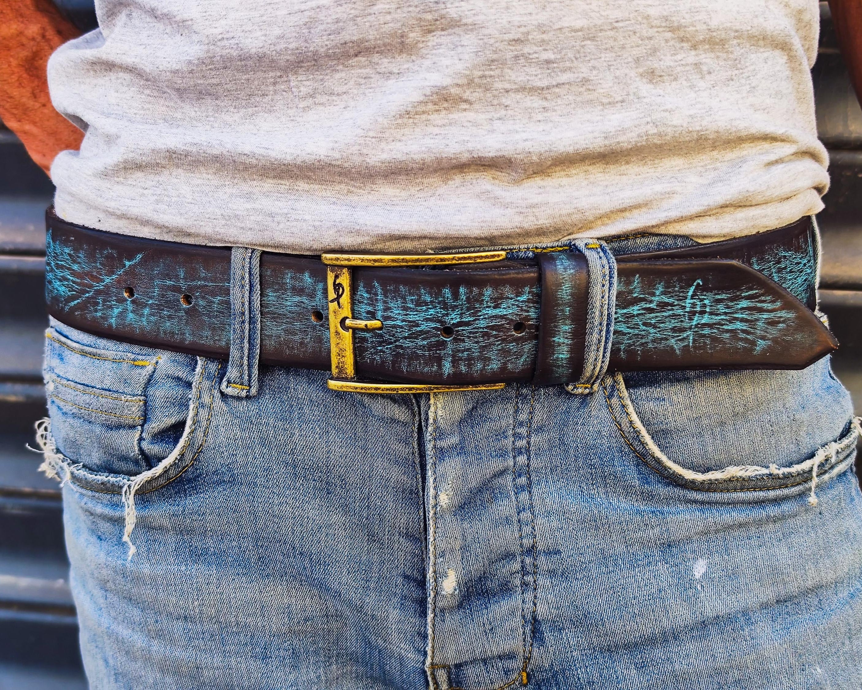 Distressed Turquoise Leather Belt - Personalized Statement Piece for Jeans - Rough Finish Stunning Design - Perfect Gift Option