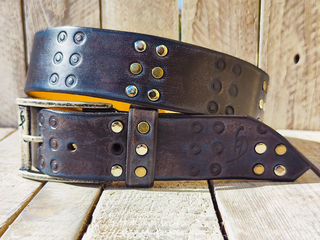 Handmade Brown Leather Belt with Blue Wash, Hi-Fi Stamped Design, Heavy-Duty Punk Rock Style