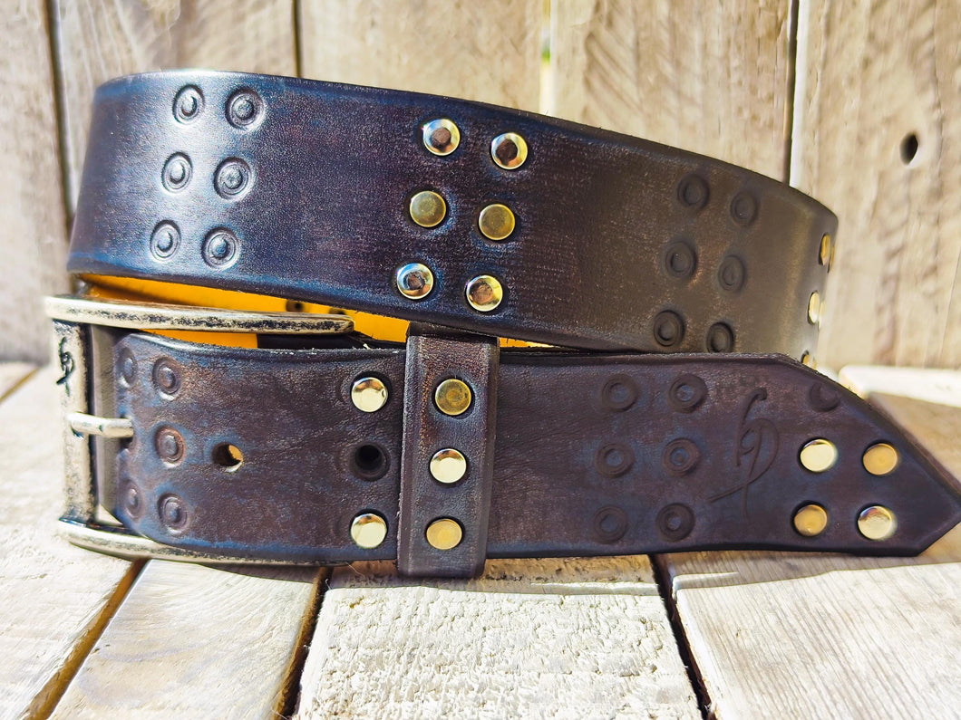 Handmade Brown Leather Belt with Blue Wash, Hi-Fi Stamped Design, Heavy-Duty Punk Rock Style
