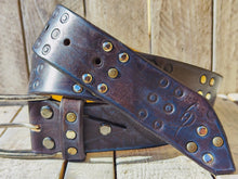 Handmade Brown Leather Belt with Blue Wash, Hi-Fi Stamped Design, Heavy-Duty Punk Rock Style
