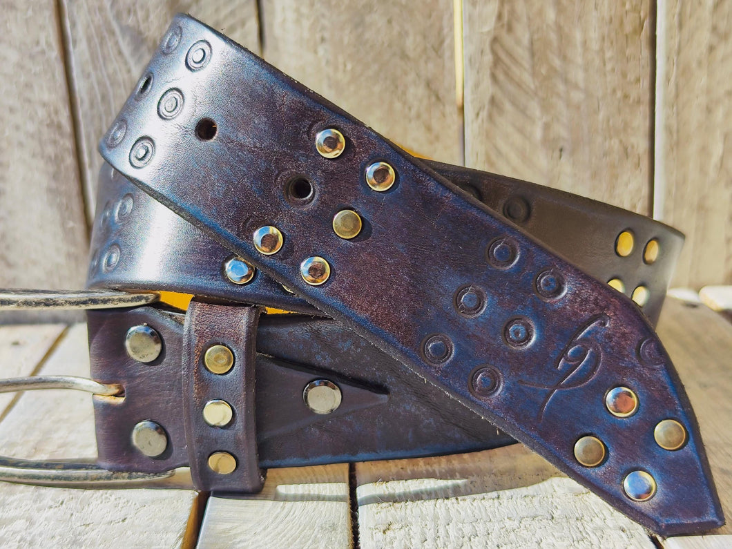 Handmade Brown Leather Belt with Blue Wash, Hi-Fi Stamped Design, Heavy-Duty Punk Rock Style