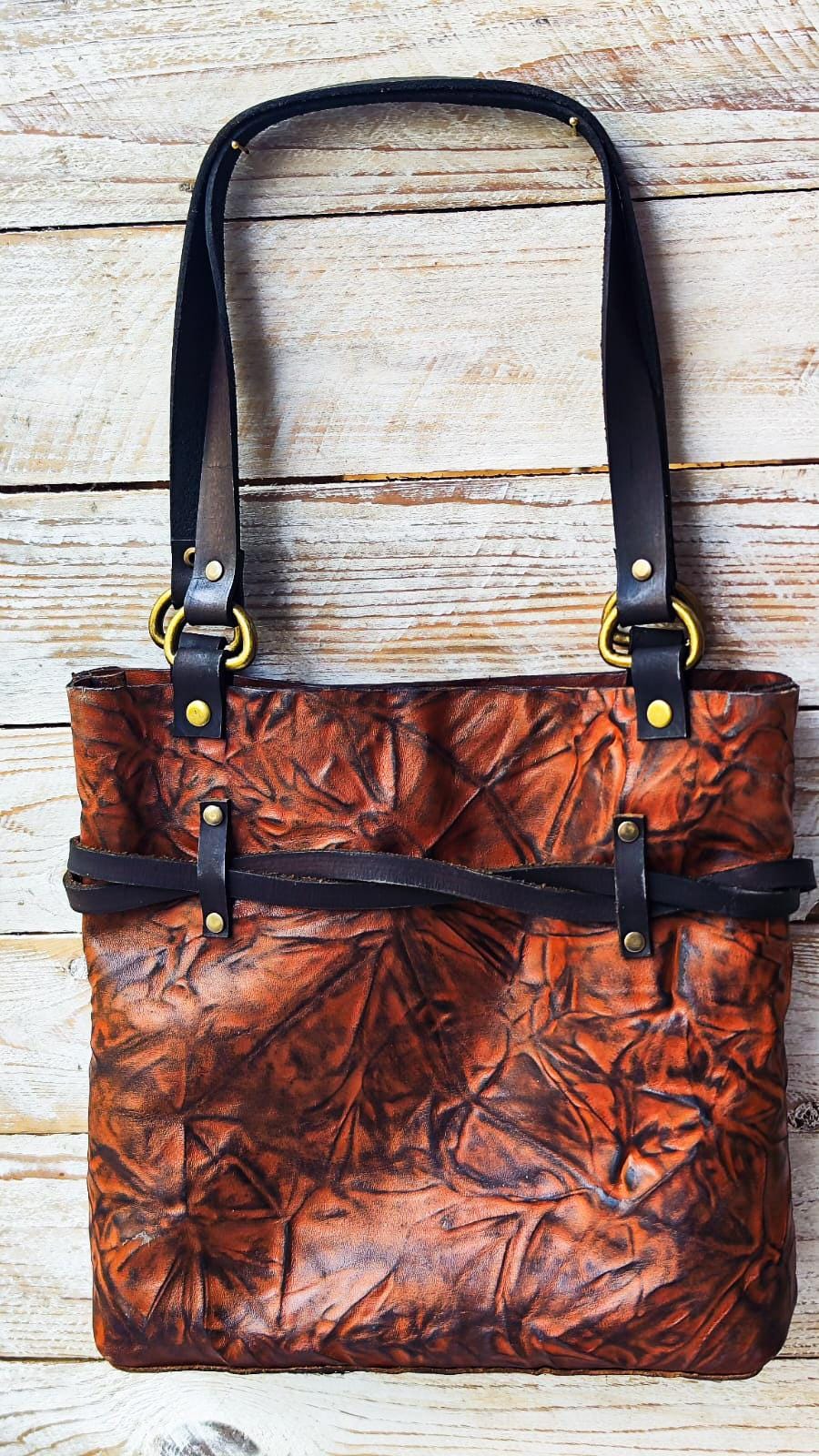 Handmade Brown Leather Tote Bag – Unique Hand-Dyed Textured Leather – Boho Shoulder Bag with Brass Ring & Dark Brown Straps