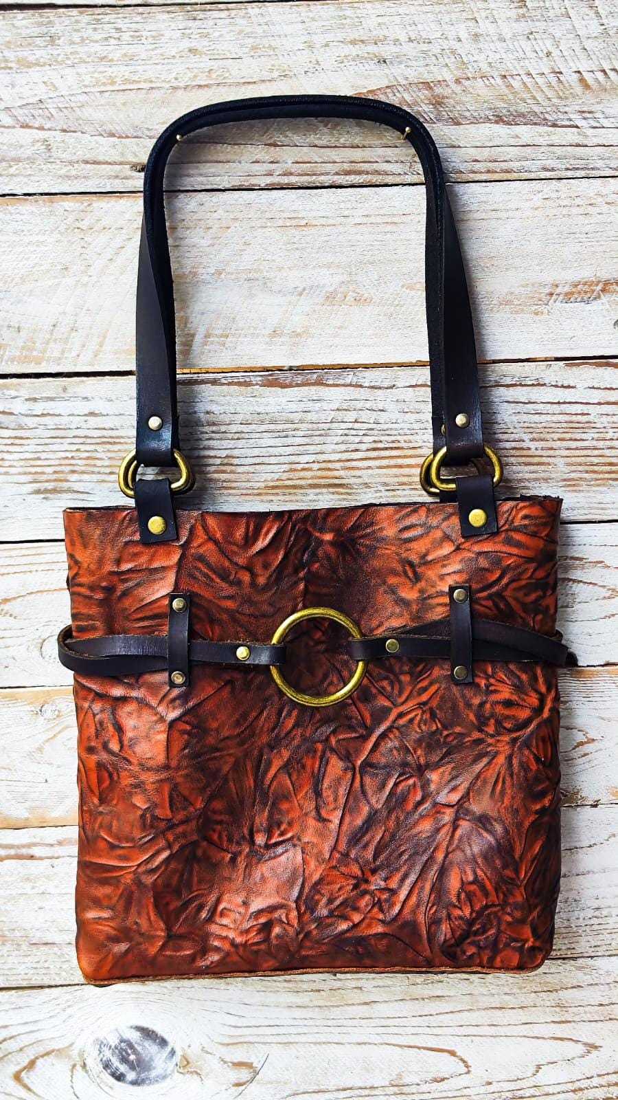 Handmade Brown Leather Tote Bag – Unique Hand-Dyed Textured Leather – Boho Shoulder Bag with Brass Ring & Dark Brown Straps