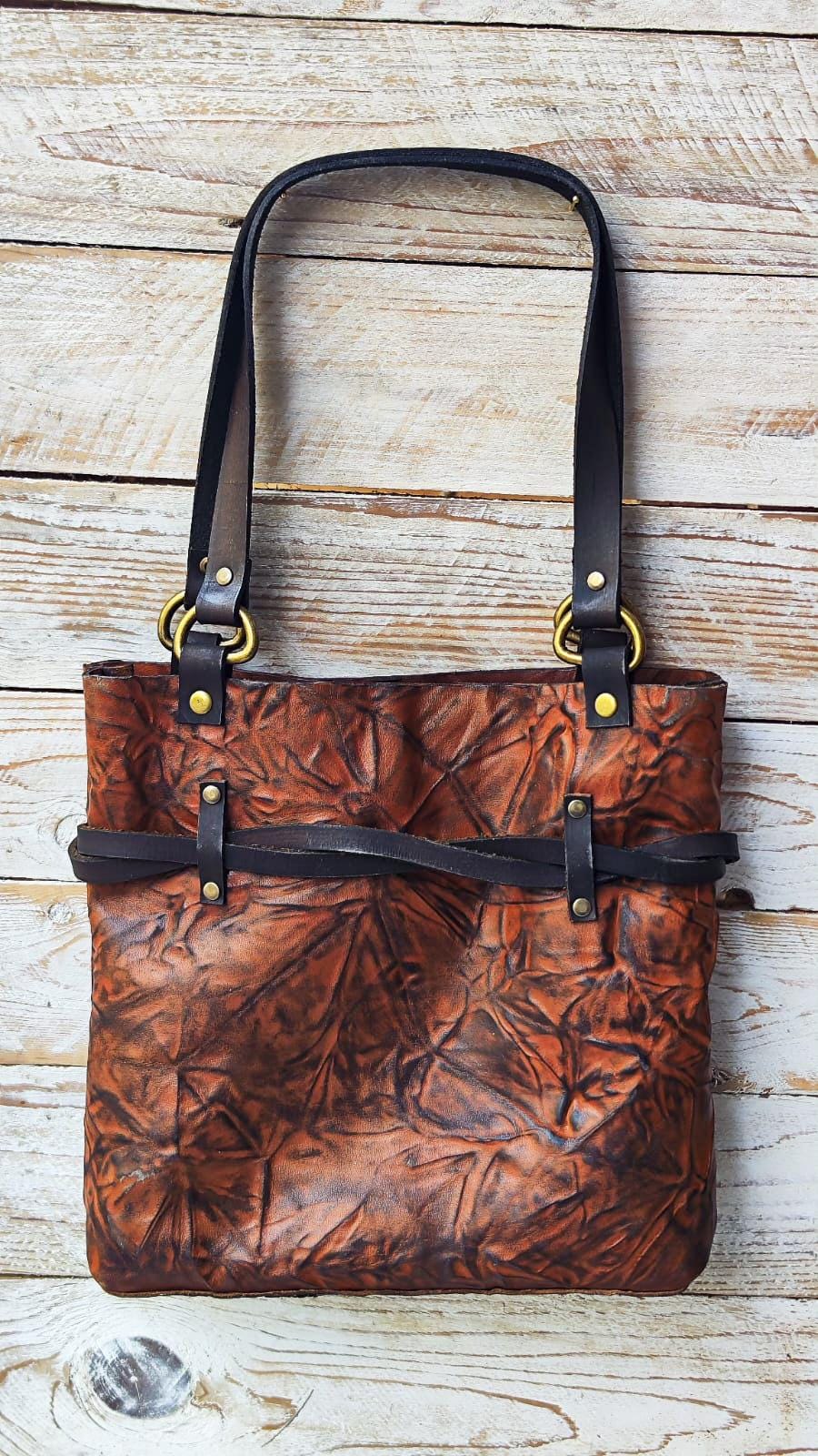 Handmade Brown Leather Tote Bag – Unique Hand-Dyed Textured Leather – Boho Shoulder Bag with Brass Ring & Dark Brown Straps