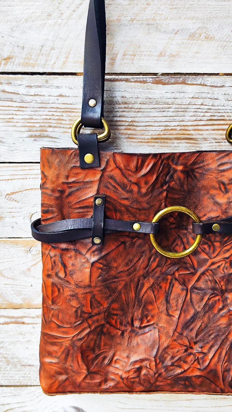 Handmade Brown Leather Tote Bag – Unique Hand-Dyed Textured Leather – Boho Shoulder Bag with Brass Ring & Dark Brown Straps