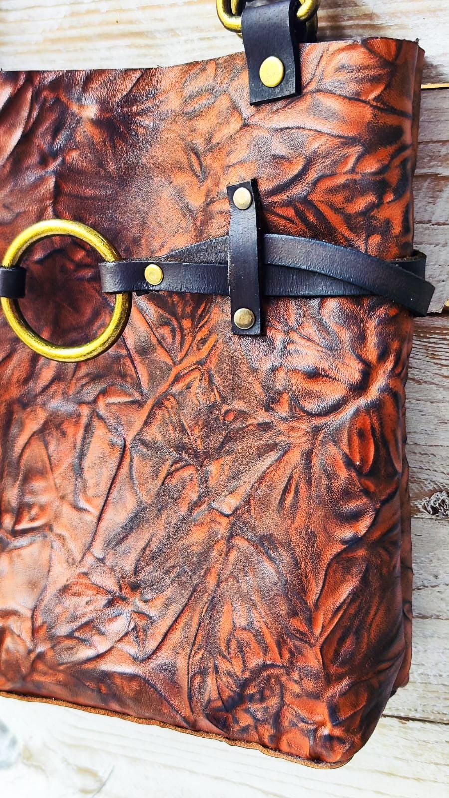 Handmade Brown Leather Tote Bag – Unique Hand-Dyed Textured Leather – Boho Shoulder Bag with Brass Ring & Dark Brown Straps