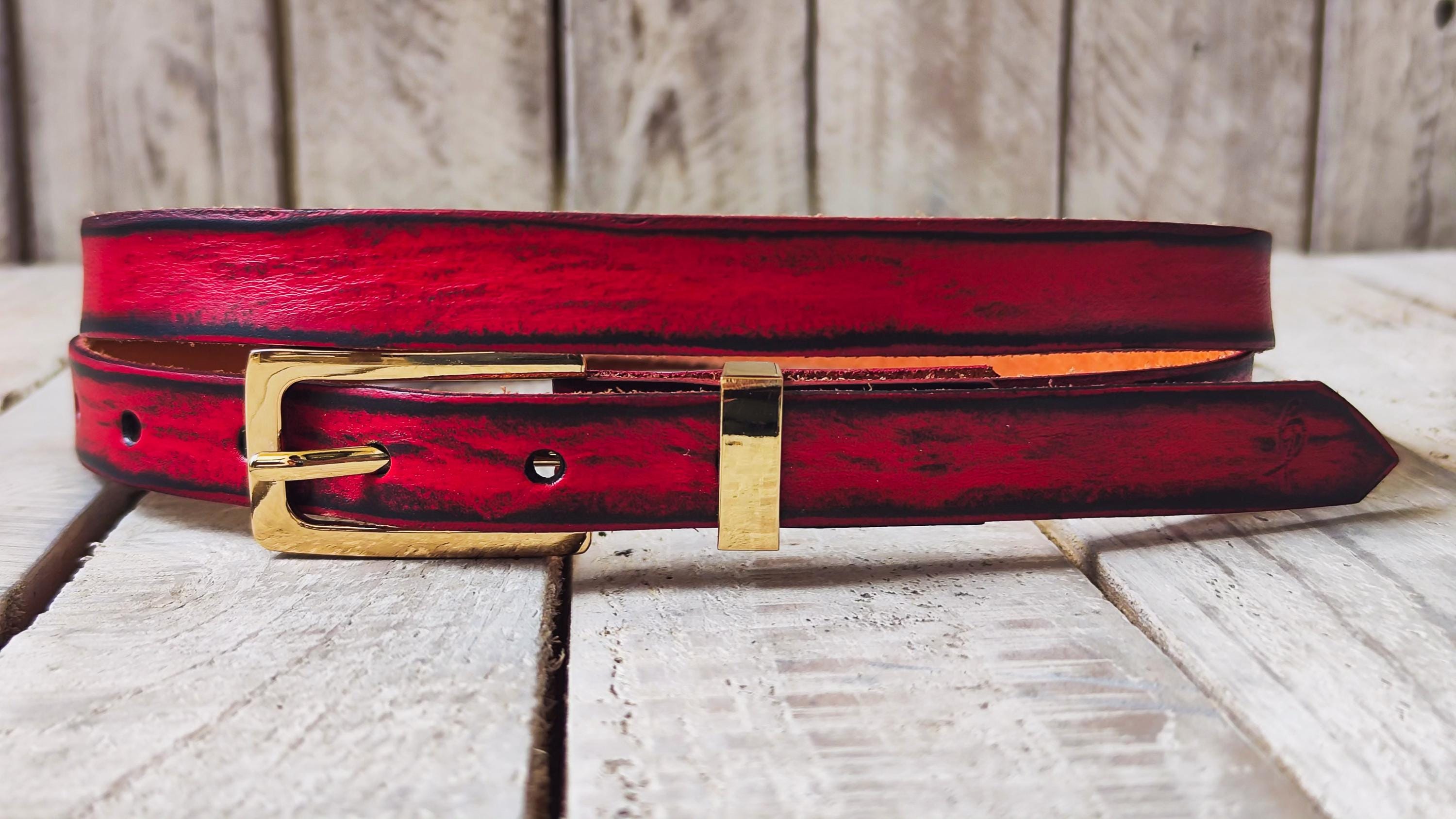 Thin Red Leather Belt for Women – Black Wash, Elegant Gold Buckle, Handmade Skinny Belt