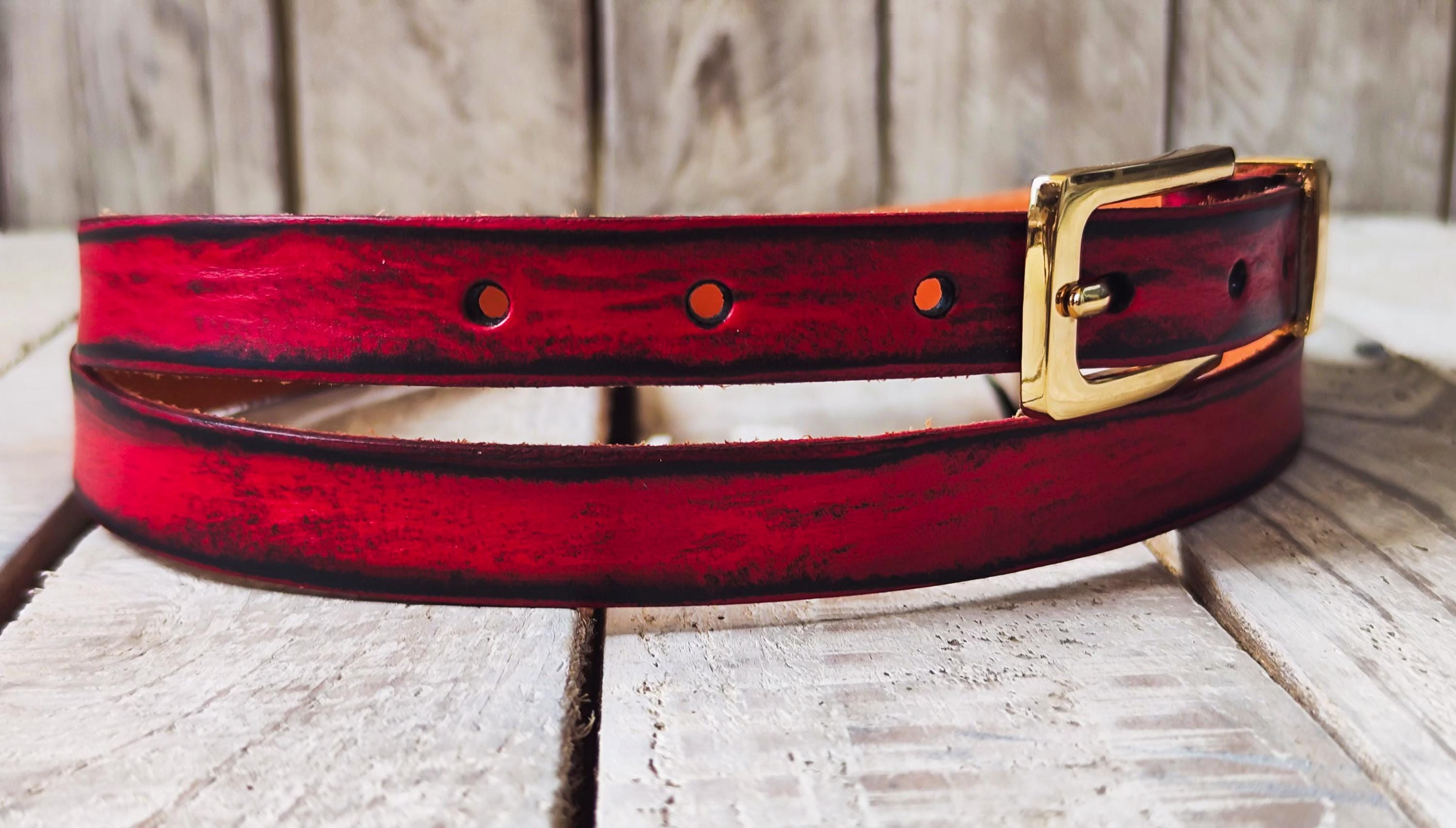 Thin Red Leather Belt for Women – Black Wash, Elegant Gold Buckle, Handmade Skinny Belt