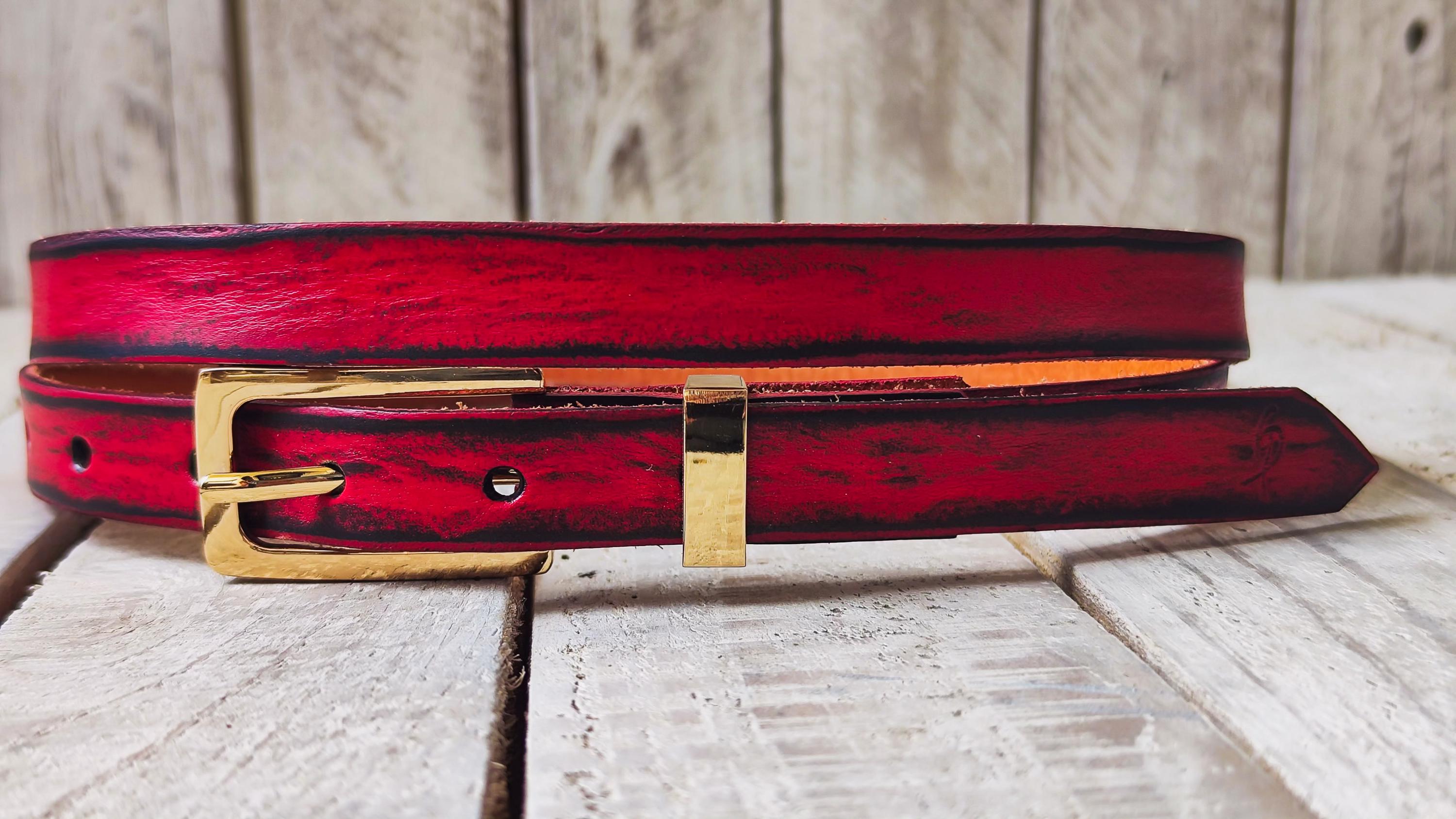 Thin Red Leather Belt for Women – Black Wash, Elegant Gold Buckle, Handmade Skinny Belt