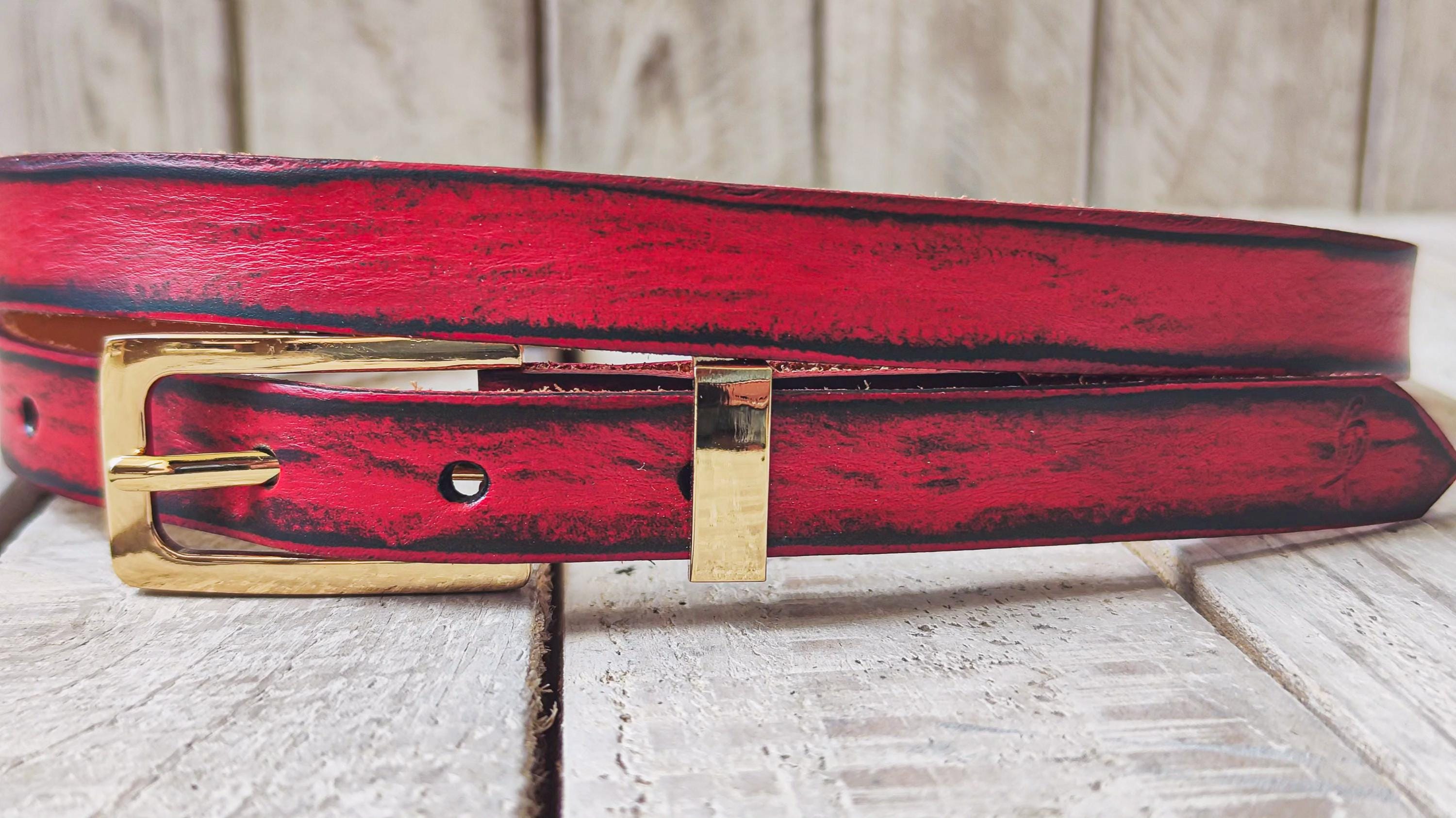 Thin Red Leather Belt for Women – Black Wash, Elegant Gold Buckle, Handmade Skinny Belt