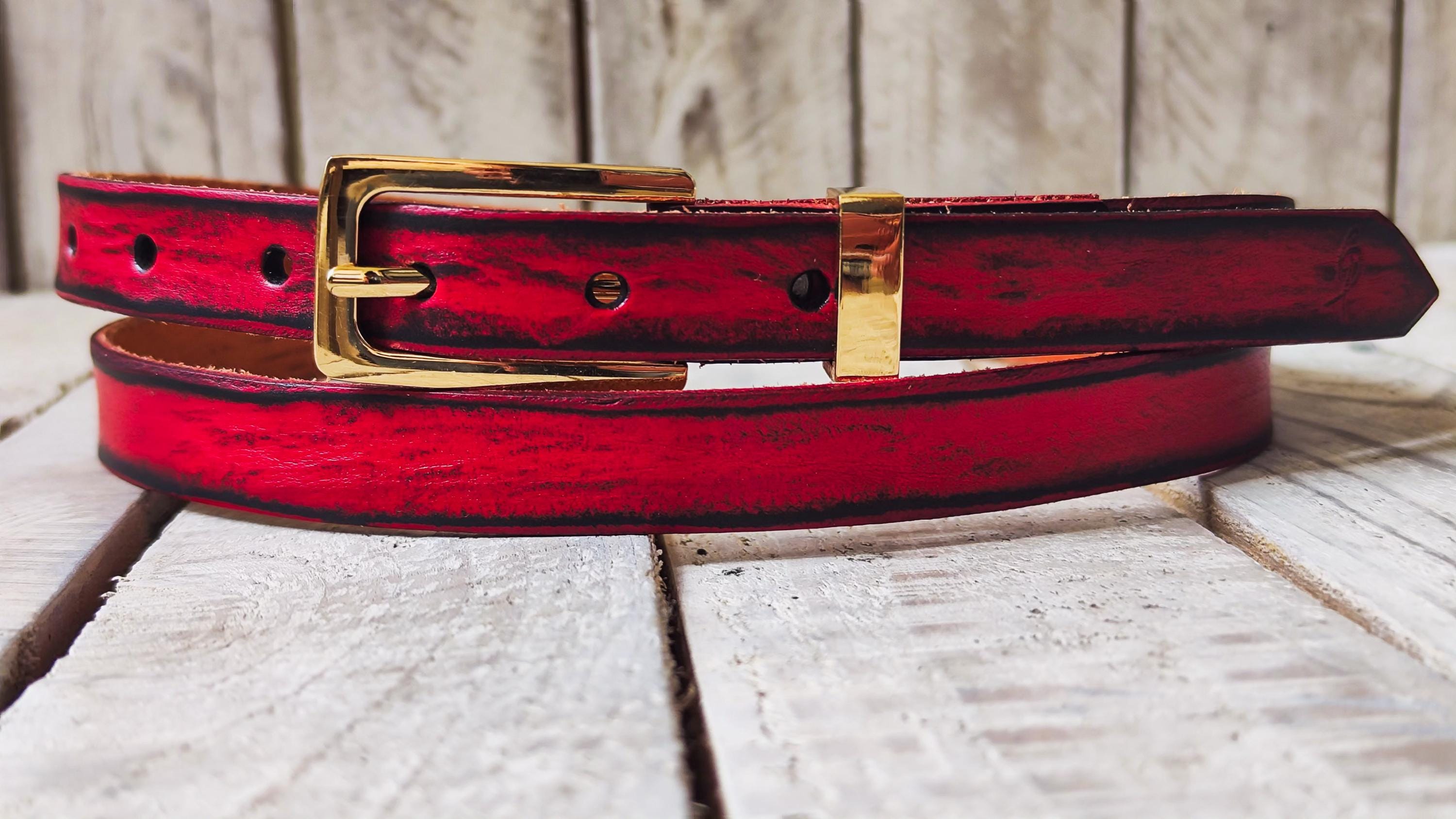 Thin Red Leather Belt for Women – Black Wash, Elegant Gold Buckle, Handmade Skinny Belt