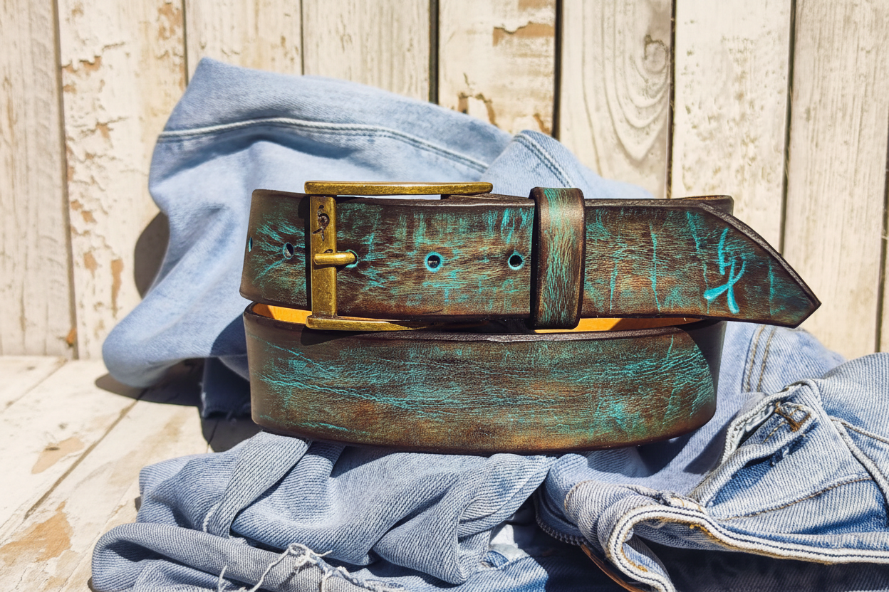 Distressed Turquoise Leather Belt - Personalized Statement Piece for Jeans - Rough Finish Stunning Design - Perfect Gift Option