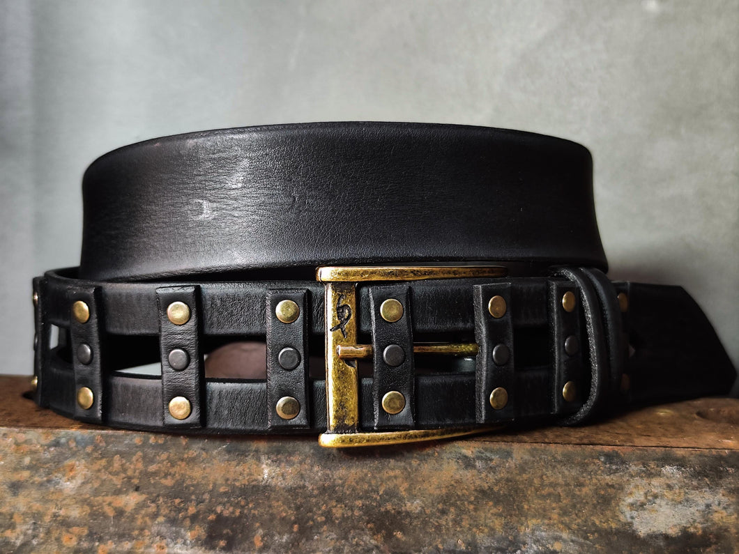 Black Leather Studded Belt – Handmade Full Grain Leather Belt with Metal Rivets – Statement Belt