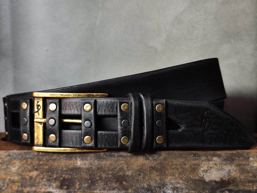 Black Leather Studded Belt – Handmade Full Grain Leather Belt with Metal Rivets – Statement Belt