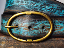 Handmade Distressed Turquoise Leather Belt | Vintage Style Blue Jeans Belt for Men & Women | Rustic Full Grain Leather Strap | Antique Brass