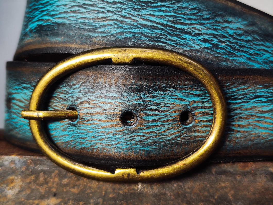 Handmade Distressed Turquoise Leather Belt | Vintage Style Blue Jeans Belt for Men & Women | Rustic Full Grain Leather Strap | Antique Brass
