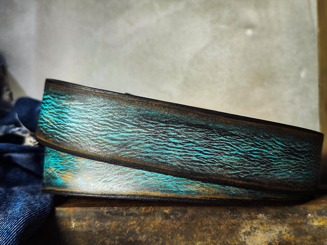 Handmade Distressed Turquoise Leather Belt | Vintage Style Blue Jeans Belt for Men & Women | Rustic Full Grain Leather Strap | Antique Brass