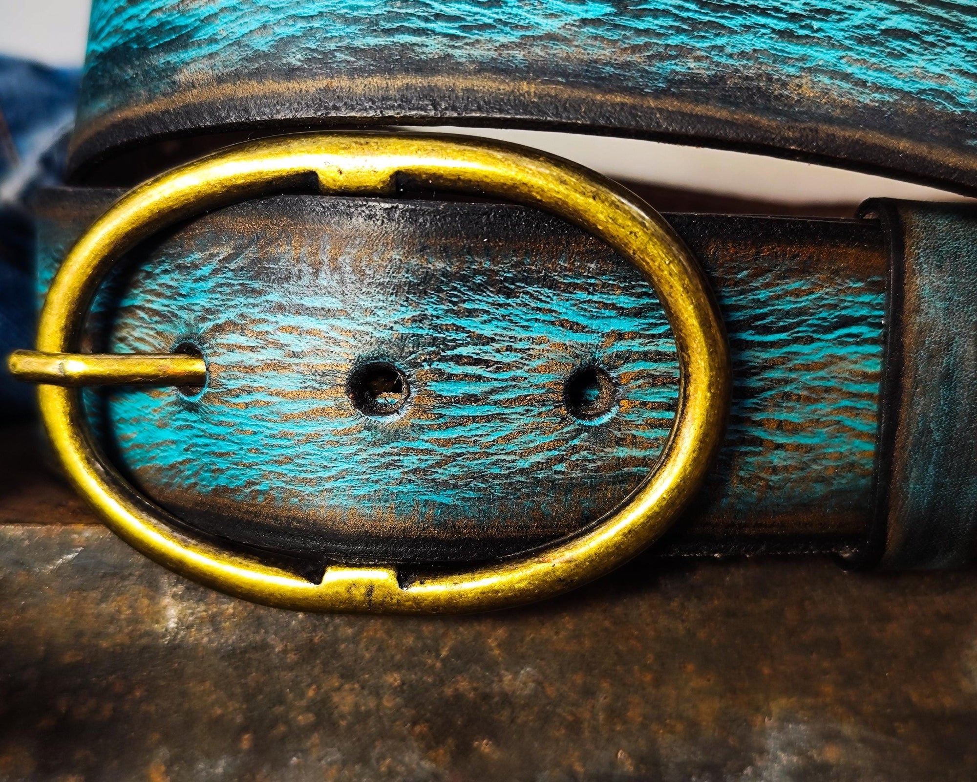 Handmade Distressed Turquoise Leather Belt | Vintage Style Blue Jeans Belt for Men & Women | Rustic Full Grain Leather Strap | Antique Brass