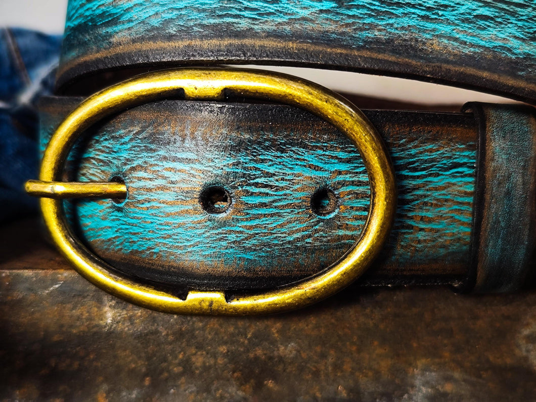 Handmade Distressed Turquoise Leather Belt | Vintage Style Blue Jeans Belt for Men & Women | Rustic Full Grain Leather Strap | Antique Brass