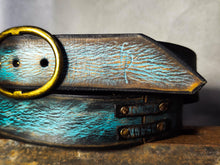 Handmade Distressed Turquoise Leather Belt | Vintage Style Blue Jeans Belt for Men & Women | Rustic Full Grain Leather Strap | Antique Brass