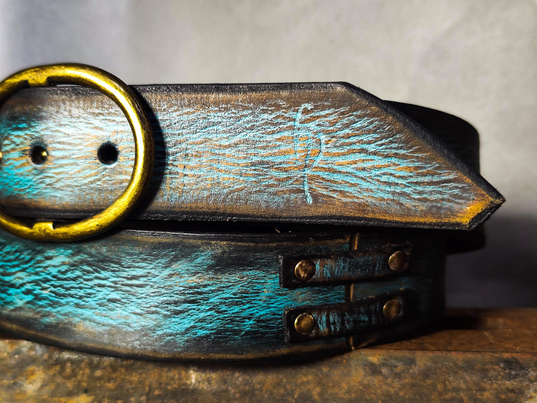 Handmade Distressed Turquoise Leather Belt | Vintage Style Blue Jeans Belt for Men & Women | Rustic Full Grain Leather Strap | Antique Brass