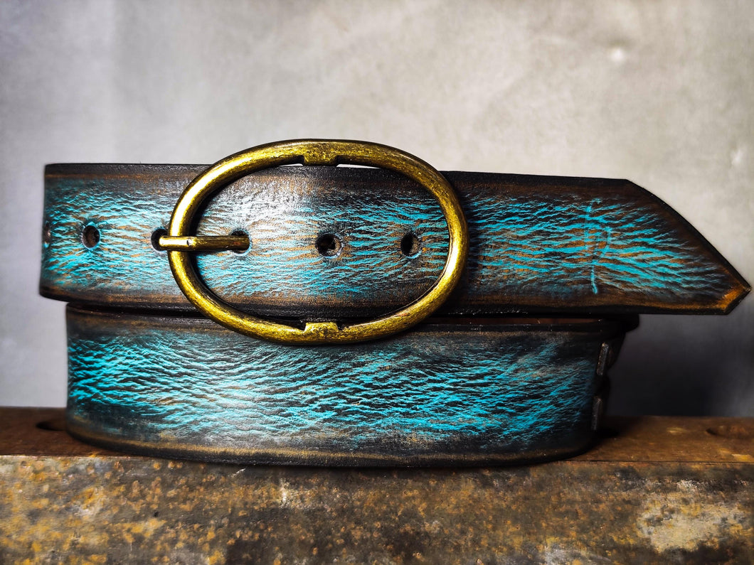 Handmade Distressed Turquoise Leather Belt | Vintage Style Blue Jeans Belt for Men & Women | Rustic Full Grain Leather Strap | Antique Brass