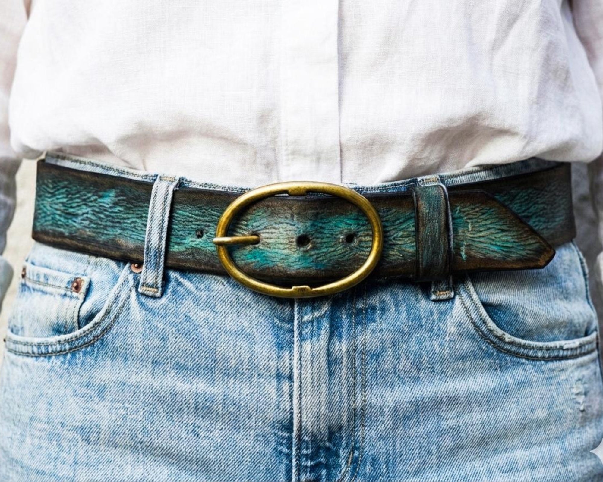 Handmade Distressed Turquoise Leather Belt | Vintage Style Blue Jeans Belt for Men & Women | Rustic Full Grain Leather Strap | Antique Brass